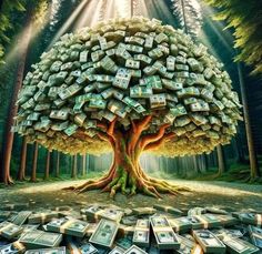 a money tree with lots of dollars growing out of it's trunk in the middle of a forest