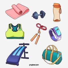 an image of various items that can be used for exercise or gyms on white background