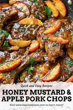 the recipe for honey mustard and apple pork chops is shown in a skillet