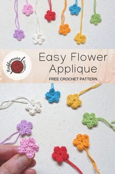 the crochet flower applique pattern is shown in different colors and sizes