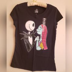 Brand New, Never Worn. Cute T-Shirt With Jack And Sally From Nightmare Before Christmas. Hat New With Tag As Well Never Worn. Fitted Black Christmas Top, Fitted Black Top For Christmas, Sally Shirt, Sally From Nightmare Before Christmas, Paisley Top, Jack And Sally, Linen Tunic, Create T Shirt, Christmas Hat