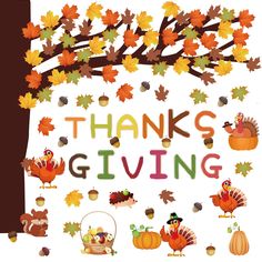 the words thanks giving are surrounded by autumn leaves and turkeys