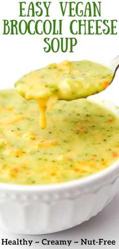 a spoon full of broccoli cheese soup with the text easy vegan broccoli cheese soup