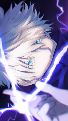 an anime character with white hair and blue eyes looking to his left while lightning strikes in the background