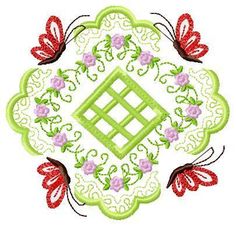 a circular design with flowers and butterflies in the center on a white background that has green border