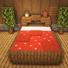 a bed room with a red carpet and some plants on the wall next to it