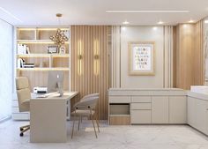 an office with white marble floors and walls