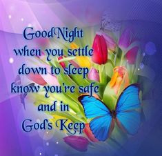 a blue butterfly sitting on top of flowers with the words, good night when you settled down to sleep know you're safe and in god'll keep