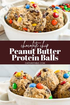 chocolate chip peanut butter protein balls in a white bowl with the title above it on top