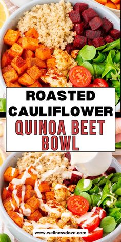 roasted cauliflower quinoa beet bowl with spinach and carrots