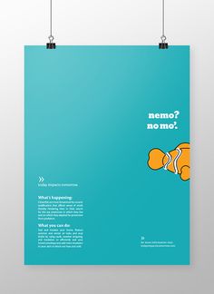 a blue poster with an orange clown and the words nemo? no mo?