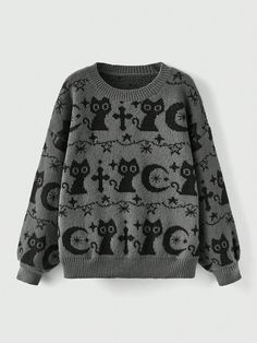 Multicolor Casual Collar Long Sleeve Knitwear Cartoon Pullovers Embellished Slight Stretch  Women Plus Clothing Cat Pattern Sweater, Goth Plus Size, Casual Halloween, Plus Size Pullover, Pull Oversize, Long Sleeve Pullover Sweater, Plus Size Kleidung