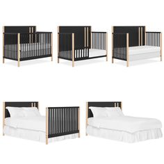 four black and white cribs are shown in three different positions, each with a mattress