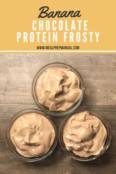 three small bowls filled with chocolate protein frosting on top of a wooden table and text overlay reads banana chocolate protein frosting