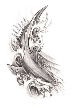 a drawing of a shark with flames coming out of it