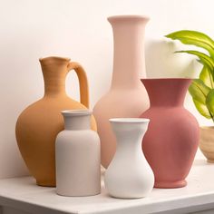 four different colored vases sitting on a shelf next to a potted green plant