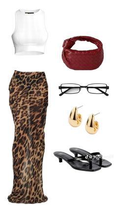 a pair of leopard print pants, white crop top and black shoes with gold accessories