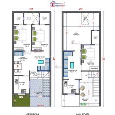 two story house plans are shown with the measurements for each floor and one level area