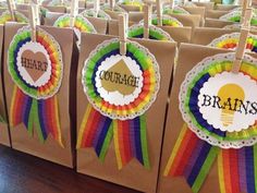 several bags with ribbons and badges on them that say courage, dreams, and brains