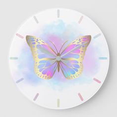 a clock with a colorful butterfly on it's face in the middle of clouds