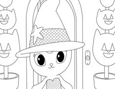 a coloring page with an image of a cat wearing a hat and holding a pumpkin