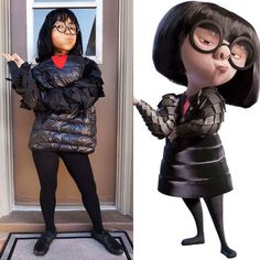 a woman dressed as an animated character next to a photo of a cartoon character in black tights