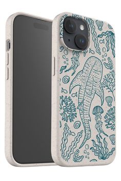 an iphone case with a drawing of a dolphin and corals on the back cover