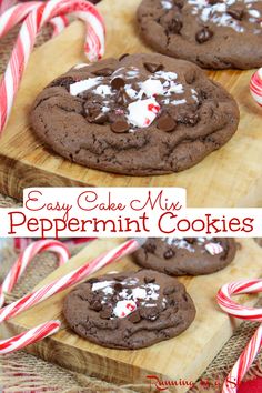 easy cake mix peppermint cookies with candy canes and chocolate chips on a cutting board