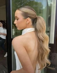 Slick Ponytail Bridesmaid Hair, Slick Back Updo Prom, Curled Slicked Back Ponytail, Slick Back Curled Ponytail Prom, Ponytail For Formal Event, Slick Back Prom Ponytail, High Neck Line Dress Hairstyles, Curled High Ponytail Hairstyles Prom, Bridal Slicked Back Hair