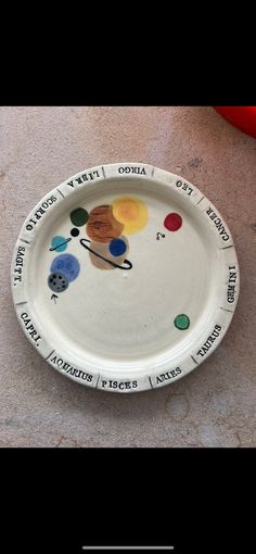 a paper plate with an image of the planets on it and words written in different languages