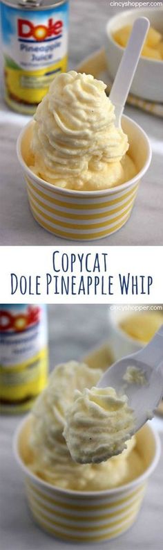 two pictures showing how to make copycat pineapple whip