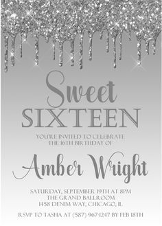 silver glitter sweet sixteen birthday party card