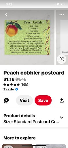 an iphone screen with the text peach cobbler postcard on it