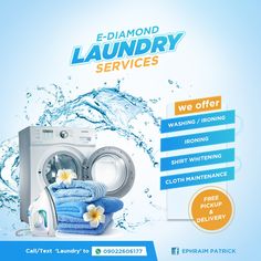 advertisement for e - diamond laundry services with washing machine and towels in front of water splash