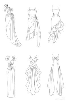 four dresses drawn in black and white