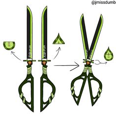 an image of scissors cut in half with green handles and black handles on each side