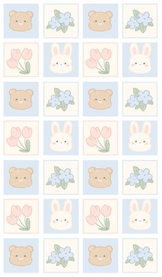 an animal themed wallpaper with flowers and bunny ears on the squares in pastel colors