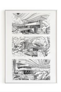 A trio of architectural illustrations of the Falling Water Building in three different angles. These hand drawn illustrations are laid out in a column and mounted in a silver frame on a white background. The building was designed by the Architect Frank Lloyd Wright. Architectural Sketches, Falling Water, My Sketchbook, Frank Lloyd, Frank Lloyd Wright