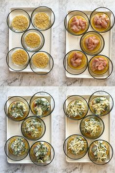 four pictures of different types of food in glass dishes on a marble counter top,