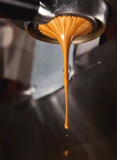 the liquid is pouring from a coffee maker into a cup that's being filled with caramel colored liquid