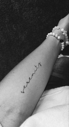 {Latest tattoo  designs and tattoo ideas huge collection of images.} Simple Positive Tattoos, Serenity Cursive Tattoo, Serenity Tattoos For Women, Vegan Symbol Tattoo, Serenity Tattoo Ideas, Christian Word Tattoos, Serene Tattoo, Male Wrist Tattoos, Female Wrist Tattoos