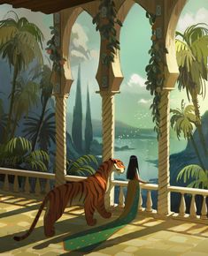 a woman standing next to a tiger on top of a balcony near a lake and palm trees