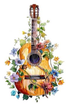 a painting of an acoustic guitar with flowers on it