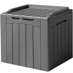 an outdoor storage box is shown with the lid open and it's doors closed