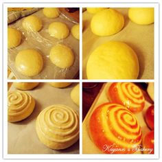 four different pictures of doughnuts and pastries in plastic wrappers on a baking sheet