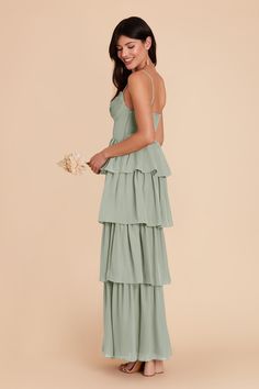 Lola Sage Chiffon Bridesmaid Dress | Birdy Grey Sage Green Formal Dresses, Pastel Green Bridesmaid Dress, Single Bridesmaid, Sage Bridesmaid Dress, Bridesmaid Gown Chiffon, Sage Fabric, Bridesmaid Dress Chiffon, Flirty Style, Ruffle Tiered Dress