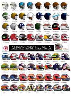 a poster with different helmets on it's front and back sides, all in different colors