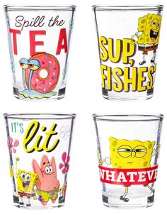 four shot glasses with cartoon characters on them