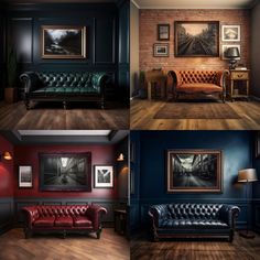 four different pictures of a living room with couches and paintings on the walls,