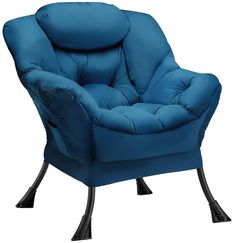 a blue chair sitting on top of a metal frame